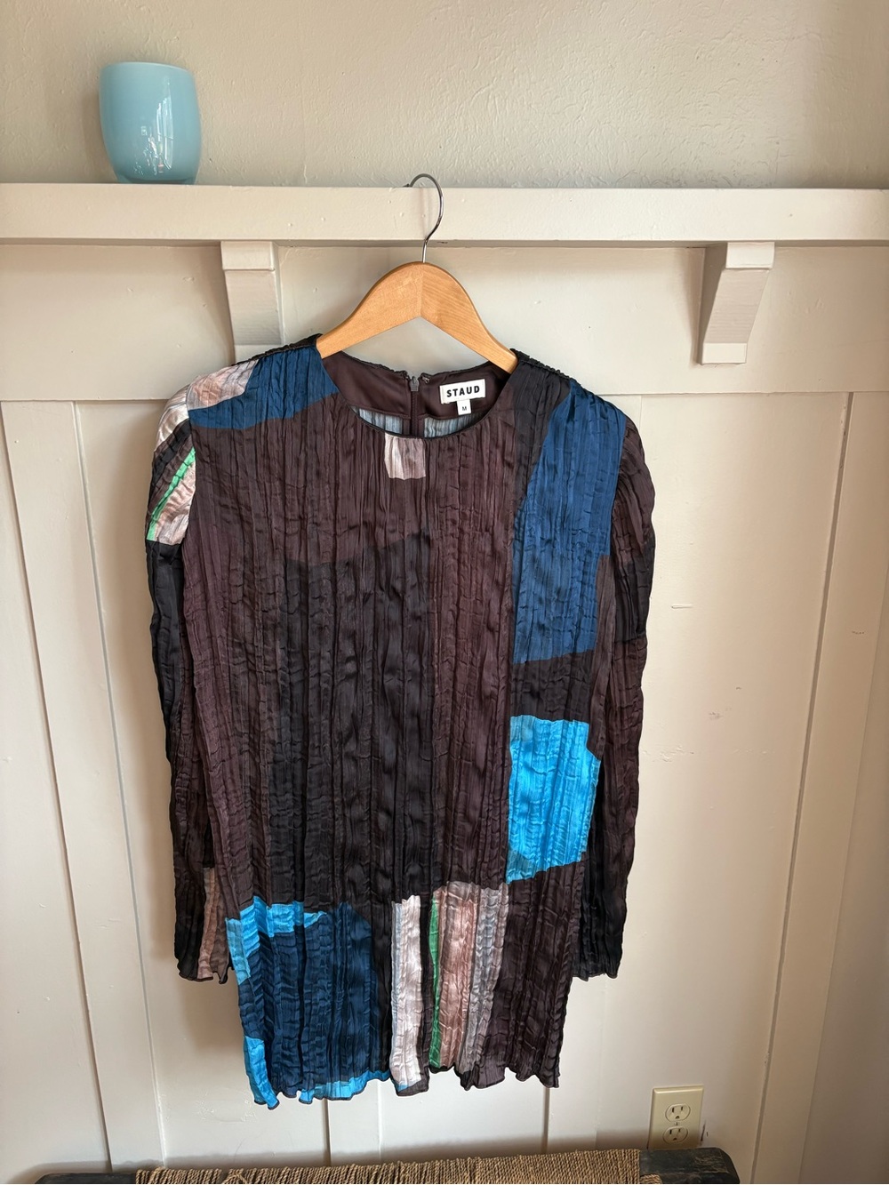 STAUD Brown Long Sleeve Mini Kona Dress with Turquoise & Cream Accents - Picture 3 of 11